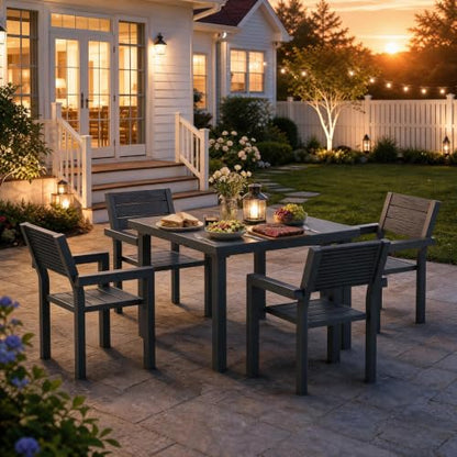 5-Piece Patio Dining Set for 4, Wood-Grain HDPE Outdoor Table and Chairs