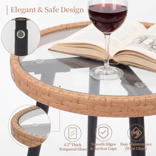 VineBreeze 3-Piece Patio Dining Set, Featuring a Round PE Rattan Table and 2 Chairs, Suitable for Bedrooms, Porches and Gardens All-Weather Furniture Set Includes Tempered Glass, Thick Cushions