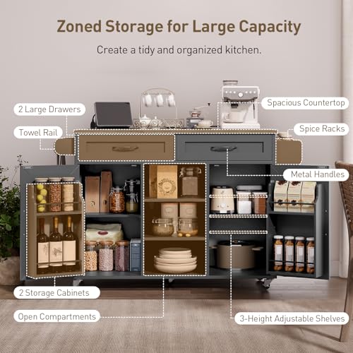 RALGEND Kitchen Island with Power Outlets & Drop Leaf, Kitchen Cart with Storage, Drawer and Spice Rack, Tower Rack, Island Table, Black and Rustic Brown