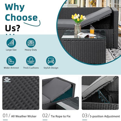 SUNLEI Patio Furniture Set with Detachable Soft Cushions, Outdoor PE Rattan Patio Conversation Sofa Set, 3-Piece Patio Sectional Sofa with Glass Coffee Table (Black Rattan&Charcoal)