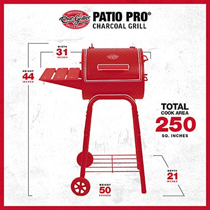Char-Griller® Patio Pro Charcoal Grill and Smoker with Cast Iron Grates, Premium Wood Shelf and Damper Control, 250 Cooking Square Inches in Black, Model E1515