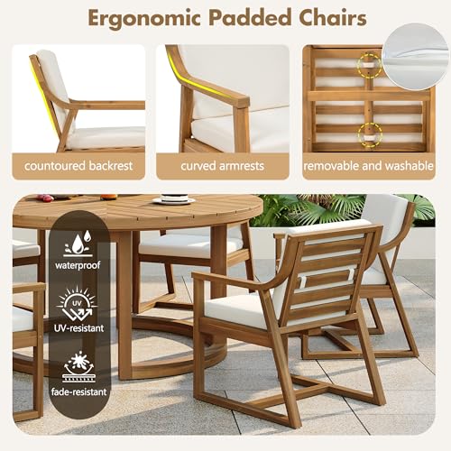 XD Designs 7-Piece Outdoor Patio Dining Set, All-Weather Acacia Wood 59'' Round Dining Table with 1.96" Umbrella Hole and 6 Arm Chairs for Backyard, Balcony, Garden, Poolside (Light Teak-2.14)