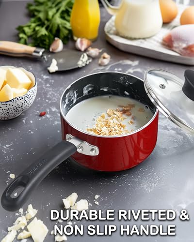 Cook N Home Basic Nonstick Saucepan with Glass Lid, Non Stick Aluminum Sauce Pan, Small Multi-purpose Kitchen Pot, Milk Chocolate Cooking Pot Pan with Stay-Cool Handle, 1-Quart, Marble Red