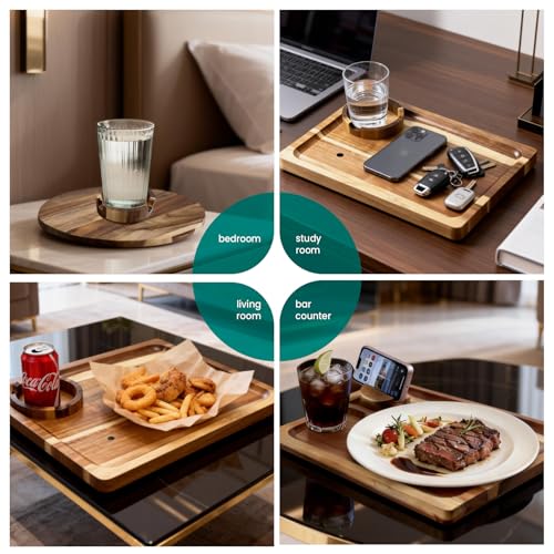 360° Detachable Rotating Acacia Wood Sofa Arm Tray Table, Serving Tray Clip On Couch Armrest Table with Cup Holder & Phone Stand, TV Dinner Tray for Eating on Sofa, TV Trays Fits for Small Spaces