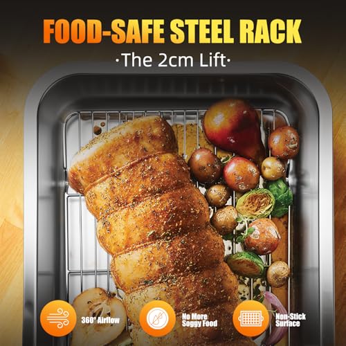 Stainless Steel Turkey Roasting Pan with Rack & Handles, Heavy Duty Food-Safe Turkey Pan Dishwasher Safe, Perfect for Cooking Turkey and Steak for Thanksgiving and Christmas (Standard)