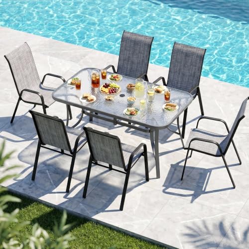 MAMIZO 7 Pieces Patio Dining Set for 6, Glass Table and Textilene Chairs