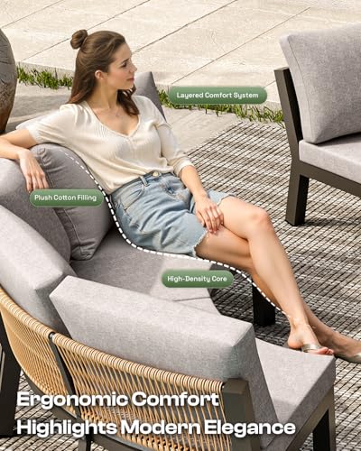 Oasbira Luxury Patio Furniture Set for 12 People, 9-Piece Curved Patio Conversation Sets with Woven Rope & Modular Coffee Table, Half Moon Outdoor Furnitrue Set for Deck, Garden, Gray