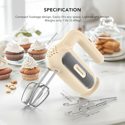 Hand Mixer Electric, 5-Speed Small Handheld Mixer, 2* (Dough Hooks & Beaters) Food Blender, Kitchen Blender for Baking, Cream, Cookies, 304 Dishwasher Safe