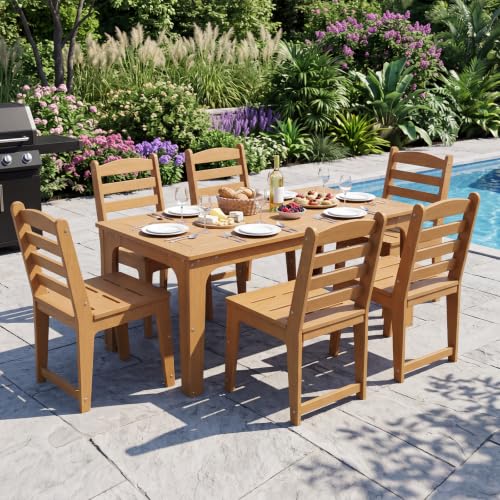 ACUEL HDPE Patio Dining Set for 6, 7 Pcs Outddor Table & Chairs, Teak Color