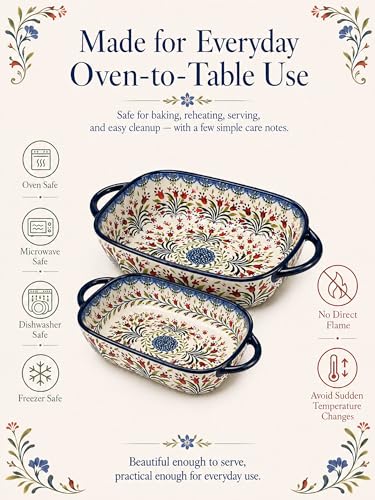 Polish Pottery Style Ceramic Baking Dish Set, 2-Piece Large & Small Casserole Bakers for 2–3 People, Floral Oven-to-Table Bakeware, Microwave & Dishwasher Safe, Gift-Ready with Protective Packaging