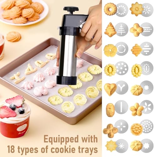 CEANZO Cookie Maker, Churros Maker, Spritz Cookies Press Gun 3 in 1 for Baking with 13 Cookie Discs, 3 Churros Discs and 8 Piping Tips Stainless Steel Easy Clean Cookies Decorating Kit for Christmas