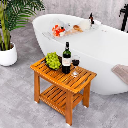 14" Compact Teak Shower Stool with Shelf & Handle - Waterproof, Non-Slip Bath Bench for Small Bathrooms/Tub/Outdoor Use, 300 lbs Capacity (Patented)