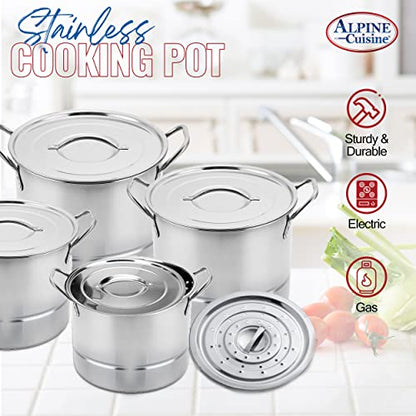 Alpine Cuisine 12-Piece Stainless Steel Stock Pot and Steamer Set – Large Cooking Pots with Lids For Soup, Boiling, Canning, Steaming, Tamales 6.5/9.5/12/16 Quart