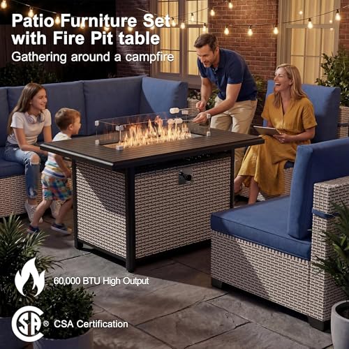 SnugVista Patio Furniture Set, 18-Piece Outdoor Sectional Sofa with Swivel Rocker Chairs & Fire Pit Table, Wicker Patio Conversation Set with Coffee Table, Blue Cushions