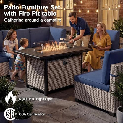 SnugVista Patio Furniture Set, 18-Piece Outdoor Sectional Sofa with Swivel Rocker Chairs & Fire Pit Table, Wicker Patio Conversation Set with Coffee Table, Blue Cushions