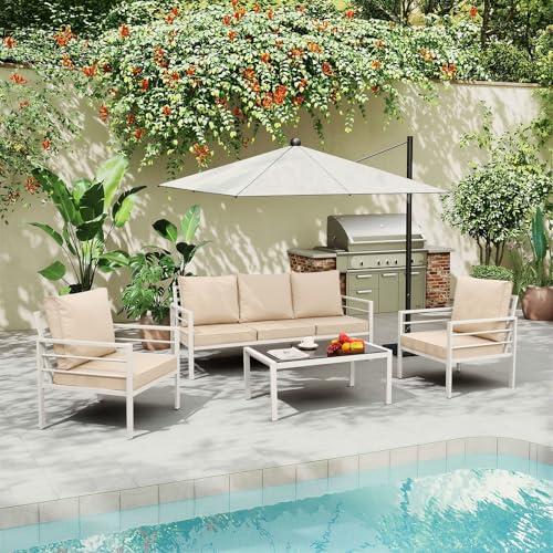 Rattaner 4-Piece Patio Furniture Set White Frame Outdoor Sofa Set High Backrest Seater Glass Coffee Table All-Weather Metal Outdoor Furniture Set with Non-Slip Cushions and Waterproof Covers, Khaki