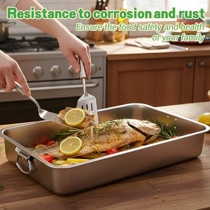 e esscopro 23.5''x15.5''x4''roasting Pan Stainless Steel Turkey Roasting Pan Extra Large Thickened Baking Tray with Handle for Christmas Thanksgiving Oven Turkey Roasts Multilayer Lasagna Baked Goods