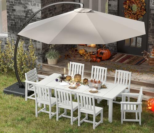 Patio Kingdom White 9-Piece Outdoor Dining Set with Beige 11FT Cantilever Umbrella, 75.2'' HDPE Table & Chairs for 8, Weather-Resistant Furniture with Umbrella Hole for Patio, Lawn, Poolside