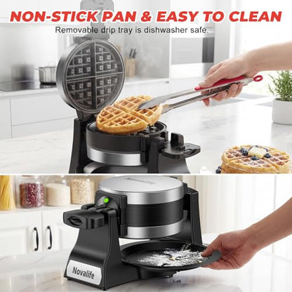 Waffle Maker, 1400W Belgian Waffle Maker, Double Waffle Iron 180° Flip, 8 Slices, Rotating & Nonstick Plates, Removable Drip Tray Easy to Clean, Locking Buckle & Cool Touch Handle, Stainless Steel