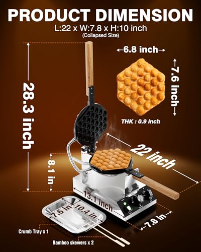 PYY Bubble Waffle Maker - Commercial Egg Puff Waffle Iron Machine, 180° Rotating, Non-stick Coating, 1500W Hong Kong Electric Stainless Steel, 122-482℉, 30 Egg Cones