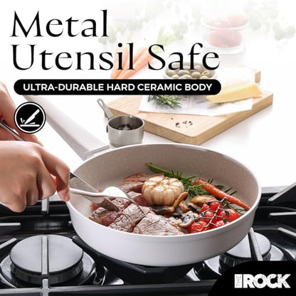 THE ROCK SOHO 8-Inch Non Stick Frying Pan with Lid–Nothing Sticks, Never Warps, Lasts Longer, Ceramic Non Toxic Skillet with Heat-Resistant Handle, PTFE PFOA & PFAS Free, Dishwasher Safe, Cream