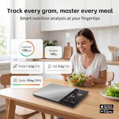 WARMKEY TFT Dual Display Smart Nutrition Scale with App, Tracks Calories, Fat, Carbs & Protein, 1g Precision, 5kg/11lb, 50 Foods 24 Nutrients, for Meal Prep, Keto & Healthy Diet