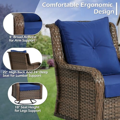 Wumiokio Patio Furniture Sets, 3 Pieces Wicker Outdoor Furniture - 360 Degree Swivel Rocking Chairs and Rattan Side Table for Garden,Porch,Backyard (Brown Wicker/Blue Cushion, 3PCS - Swivel Chairs)