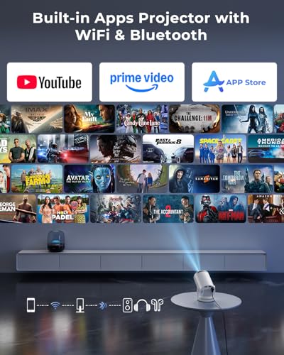Mini Projector, Portable Projector with Wifi and Bluetooth, Built in Apps, Support 4K 1080P, 180° Rotation, Auto Keystone, Movie Projector Compatible With HDMI/USB/TV Stick/Smartphone/Laptop