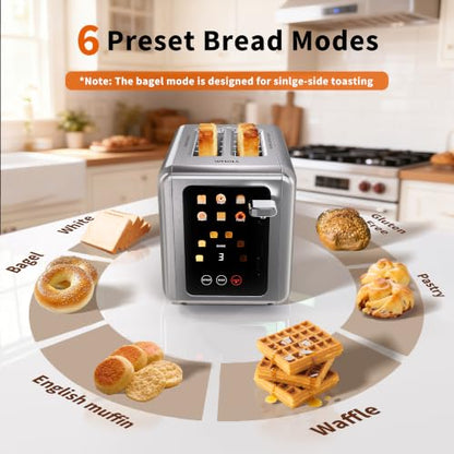 WHALL Full Touch Screen Toaster 2 Slice, Smart Toaster for Bread, Silver