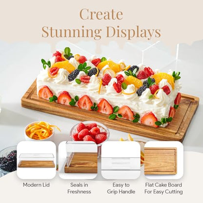 HOMESPHERE Cake Display with Lid – Acacia Wood Dessert Stand & Wooden Charcuterie Board with Lid for Loaf Cakes, Bread, Pastries, Cheese, Large Rectangle Wood Tray Platter & Acrylic Cover, 15 x 6.25”