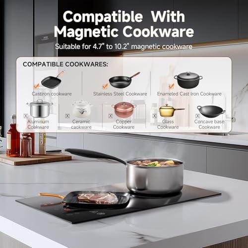 AMZCHEF Induction Cooktop 2 Burners, 12 Inch Bulit-in & Countertop Induction Stove with Plug 110V-120V, 9 Power Levels Electric Stove 1800W, Safety Lock, Timer, Touch Control for Fast Cooking
