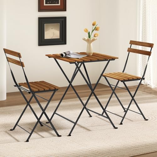 GIANTEX 3-Piece Acacia Wood Bistro Set, Patio Bistro Table with 2 Folding Chairs, Slatted Seat & Tabletop, Metal Frame, Outdoor Furniture Set for Backyard, Porch, Garden, Poolside (Black + Brown)