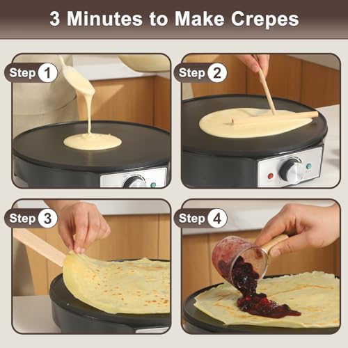 UVFAST Electric Crepe Maker 12'' & Griddle - Non-Stick Pan With Spreader for Roti, Tortilla, Blintzes, Pancakes - Adjustable Temperature, 1000W