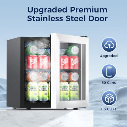 Beverage Refrigerator, 50 Cans Commercial Mini Fridge Cooler, 1.3 Cu.ft with Glass Door, Adjustable Shelves, Digital Temperature Freestanding Small Drink Fridge Soda Beer or Wine for Home Dorm Bar