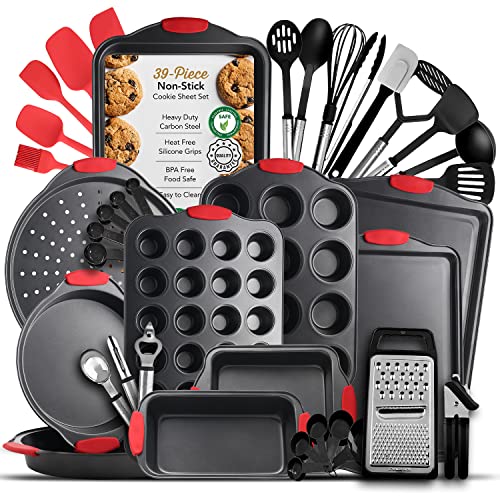 Baking Pan Set, 39 Piece Premium Baking Set, Nonstick Bakeware Sets BPA Free, Cookie Sheets for Baking Nonstick Set, Steel Baking Sheets for Oven with Muffin Pan, Cake Pan & Black Kitchen Utensils