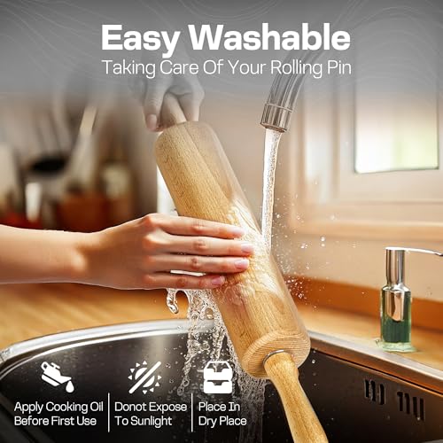 Wooden Rolling Pin 17.6 Inch with Rotating Ergonomic Handles – Classic Beech Wood Dough Roller for Baking Pizza, Pastry, Bread, and Cookies