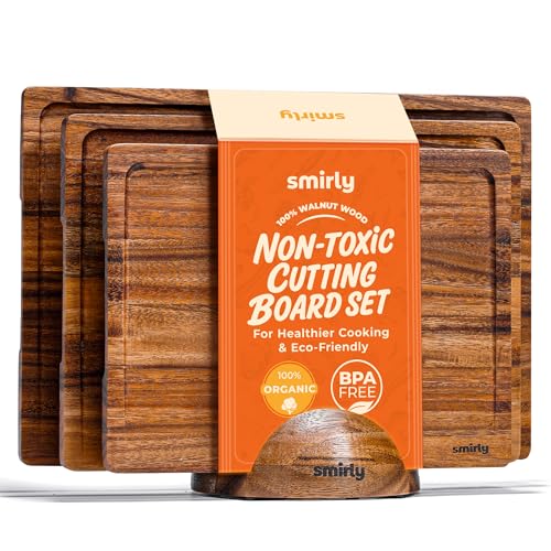 SMIRLY Walnut Cutting Board for Kitchen - Wood Cutting Boards with Handle and Juice Groove for Meal Prep, Serving, Charcuterie - Kitchen Gadgets - Non Toxic Wooden Chopping Board Set of 3 with Holder