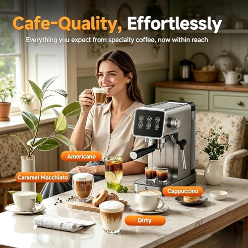 AMZCHEF Espresso Machine 20 Bar, Easy-to-Use Compact Coffee Maker with LED Touchscreen, Self-Cleaning & Milk Frother, Perfect Coffee Starter for Beginners, Lattes and Cappuccinos Machine