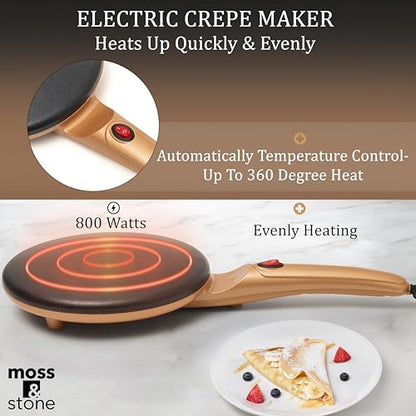 Moss & Stone Gold Electric Crepe Maker, 8" Portable Nonstick Crepe Pan