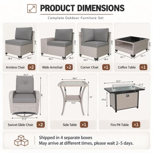 Aukreolis 10 Pieces Patio Furniture Set with Fire Pit Table, Outdoor Sectional Wicker Sofa with Thick Cushions, High Back Swivel Rocker Patio Chairs, Rattan Conversation Set with Coffee Table, Grey