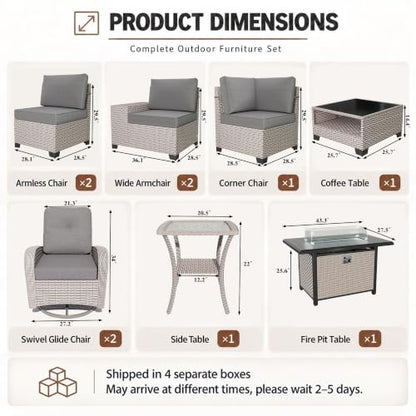 Aukreolis 10 Pieces Patio Furniture Set with Fire Pit Table, Outdoor Sectional Wicker Sofa with Thick Cushions, High Back Swivel Rocker Patio Chairs, Rattan Conversation Set with Coffee Table, Grey