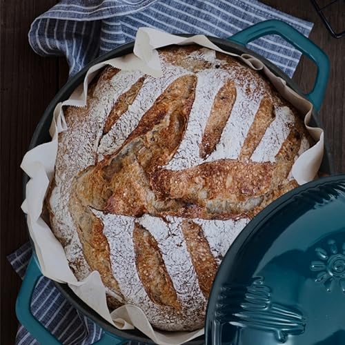Flavehc Bread Oven Cast Iron Bread Dutch Oven with Cloche Lid for Bread Baking Darkcyan Enameled Cast Iron Bread Oven with Dome Lid for Sourdough, 9.8 Inches