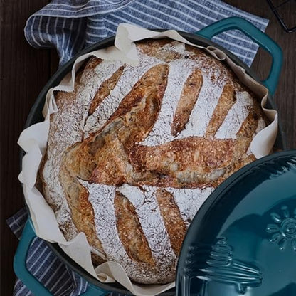 Flavehc Bread Oven Cast Iron Bread Dutch Oven with Cloche Lid for Bread Baking Darkcyan Enameled Cast Iron Bread Oven with Dome Lid for Sourdough, 9.8 Inches