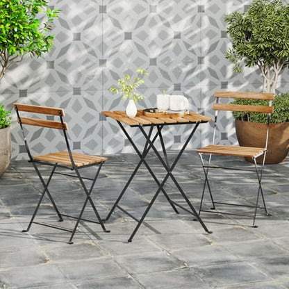 GIANTEX 3-Piece Acacia Wood Bistro Set, Patio Bistro Table with 2 Folding Chairs, Slatted Seat & Tabletop, Metal Frame, Outdoor Furniture Set for Backyard, Porch, Garden, Poolside (Black + Brown)