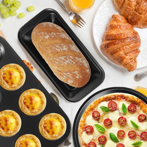 11-Piece Nonstick Baking Pans Set - Professional Grade Carbon Steel Bakeware with Premium Coating- Dishwasher Safe, Stackable, Oven Safe to 450°F (Black)