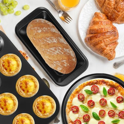 5-Piece Nonstick Baking Pans Set - Professional Grade Carbon Steel Bakeware with Premium Coating- Dishwasher Safe, Stackable, Oven Safe to 450°F (Black-5PCS)