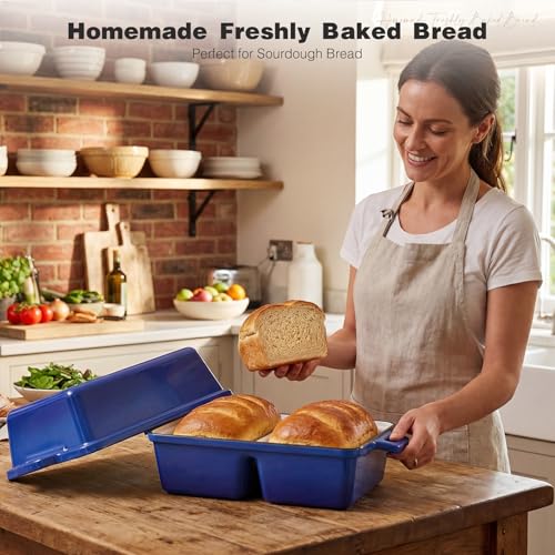 SEFILENCE Double Dutch Oven for Sourdough Bread Baking,Enameled Cast Iron Dutch Oven with Lid,Double-Chamber Square Mini Sourdough Loaf Pan for Homemade Bread,Dark Blue(Patent Has Been Applied for)