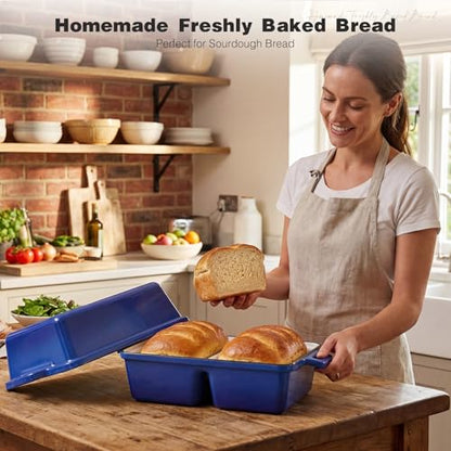 SEFILENCE Double Dutch Oven for Sourdough Bread Baking,Enameled Cast Iron Dutch Oven with Lid,Double-Chamber Square Mini Sourdough Loaf Pan for Homemade Bread,Dark Blue(Patent Has Been Applied for)