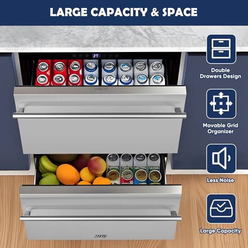 MZAVP 24 Inch Double Drawer Fridge, Stainless Steel Outdoor Beverage Refrigerator for Patio and Kitchen, Freestanding or Built-In, Mobile Grid Organizer, Home and Commercial Use