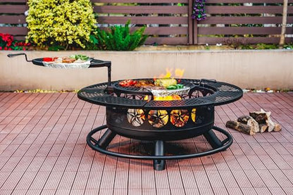Verdeluxe 42 Inch BBQ Fire Pit with 2 Grills,3-in-1 Outdoor Round Metal Fire Pit Table with Lid,Fire Poker,Large Outdoor Wood Burning Firepits for Outside,Picnic,Bonfire Backyard Patio(Black)